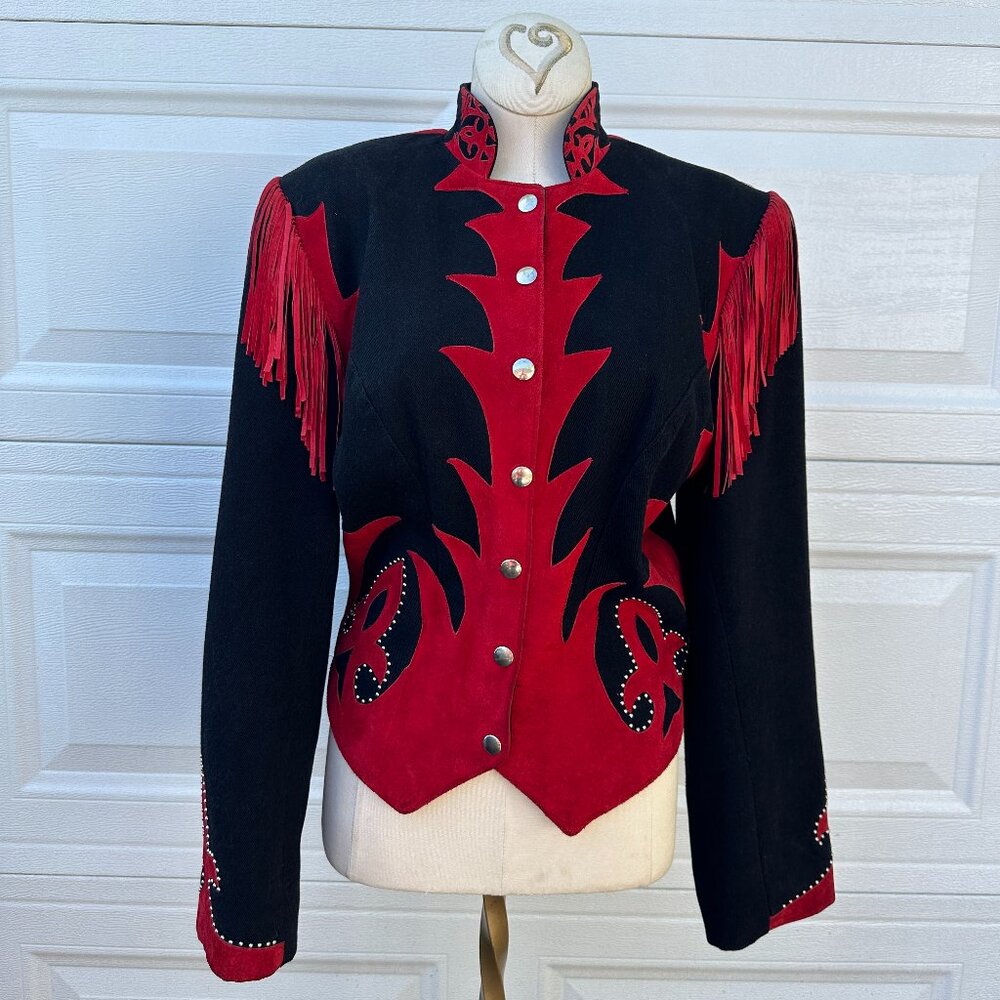 Vtg Western Suede Jacket Coat Tassels Fringe Red Black Corduroy Diamonds Leather - Picture 3 of 15